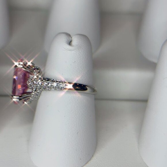 Pink Solitaire Gemstone Ring w/ Clear Accents Silver Plated Engagement size 7 - Picture 7 of 11